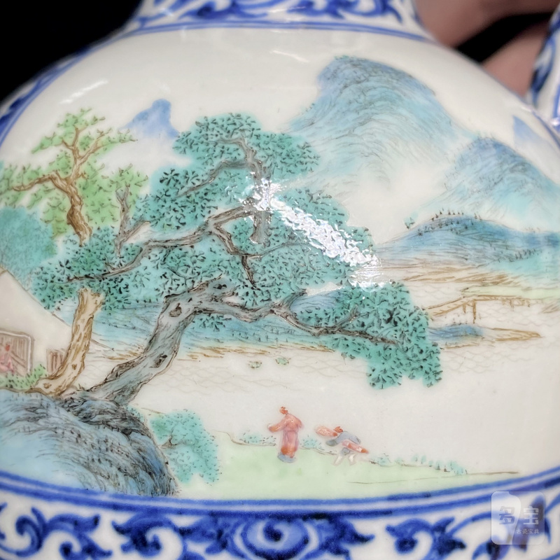 清乾隆 唐英製青花开光粉彩山水高士赏游诗意图茶壶 - 图17